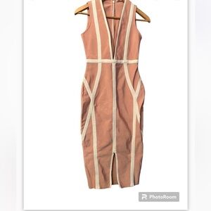 Missguided Plunge Bodycon Midi Sz 4 Dress Pink & White